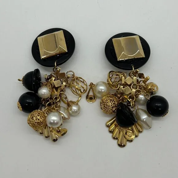 Vintage Gold Black Dangle Earrings Faux Pearl Geometric Retro Runway Chandelier - Picture 2 of 16